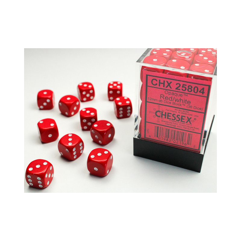 Opaque Red/white 12mm d6 Dice Block (36 dice)