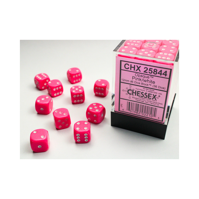 Opaque Pink/white 12mm d6 Dice Block (36 dice)