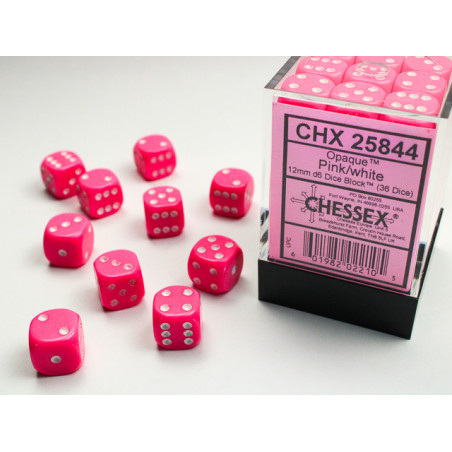 Opaque Pink/white 12mm d6 Dice Block (36 dice)