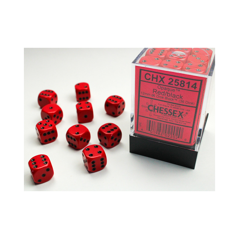 Opaque Red/black 12mm d6 Dice Block (36 dice)