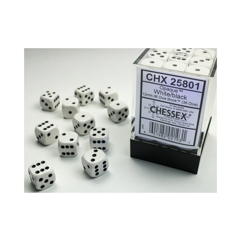 Opaque White/black  12mm d6 Dice Block (36 dice)