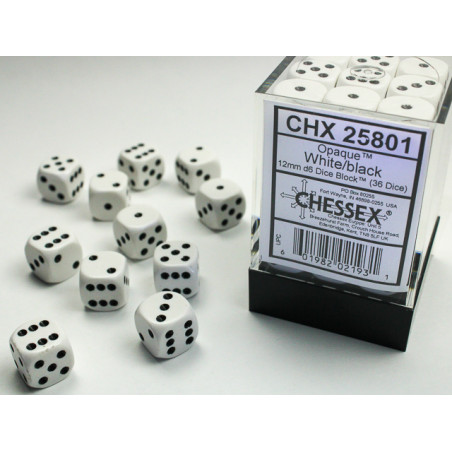 Opaque White/black  12mm d6 Dice Block (36 dice)