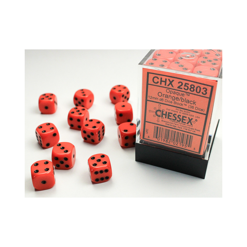 Opaque Orange/black 12mm d6 Dice Block (36 dice)