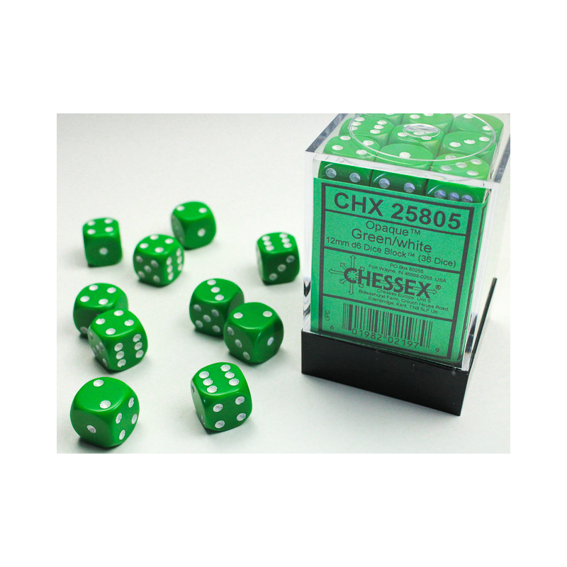 Opaque Green/white 12mm d6 Dice Block ( 36 dice)