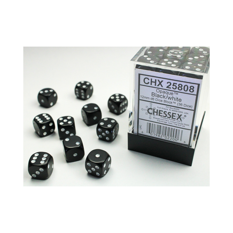 Opaque Black/white 12mm d6 Dice Block (36 dice)