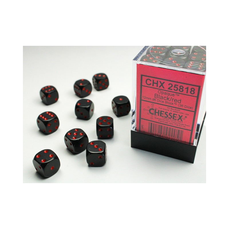 Opaque Black/red 12mm d6 Dice Block (36 dice)