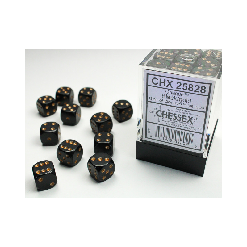 Opaque Black/gold 12mm d6 Dice Block (36 dice)