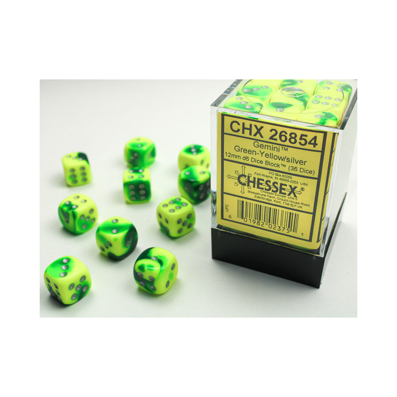 Gemini Green-yellow/silver 12mm d6 Dice Block (36 dice)