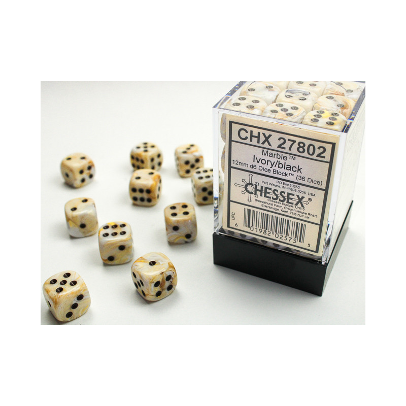 Marble Ivory/black 12mm d6 Dice Block (36 dice)