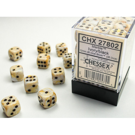 Marble Ivory/black 12mm d6 Dice Block (36 dice)