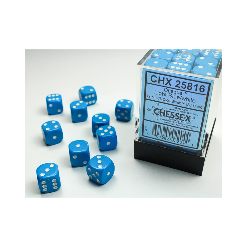 Opaque Light Blue/white 12mm d6 Dice Block (36 dice)