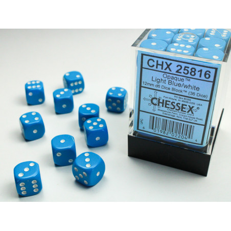 Opaque Light Blue/white 12mm d6 Dice Block (36 dice)