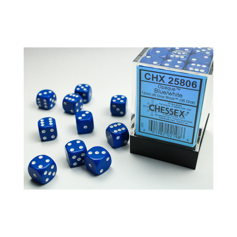 Opaque Blue/white 12mm d6 Dice Block (36 dice)