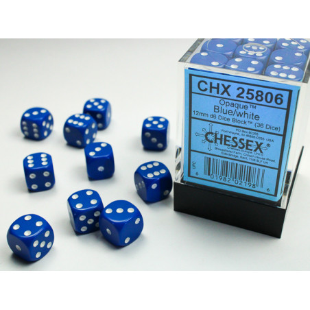 Opaque Blue/white 12mm d6 Dice Block (36 dice)