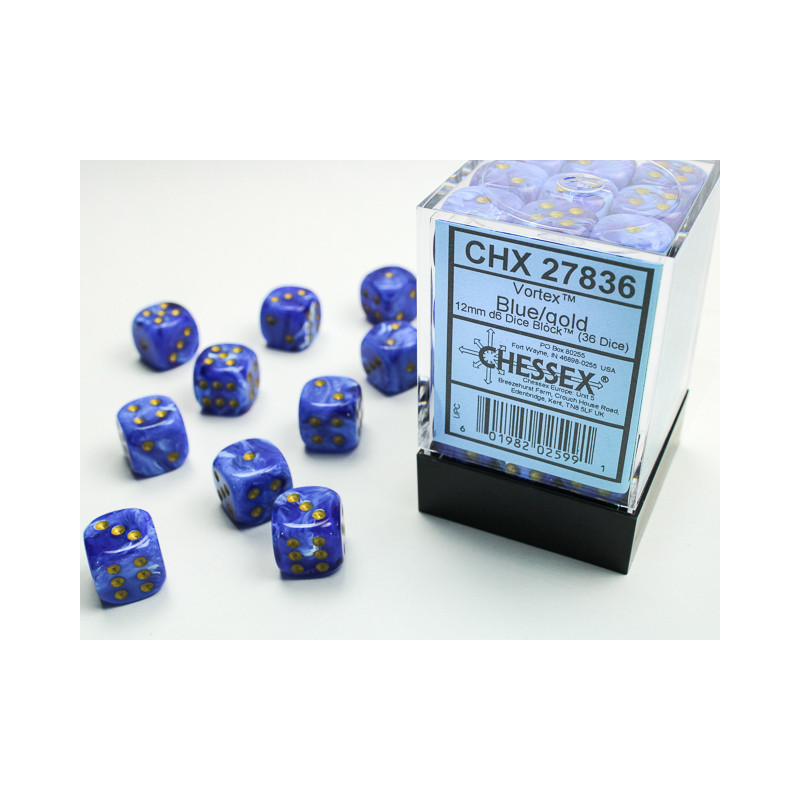 Vortex Blue/gold 12mm d6 Dice Block (36 dice)