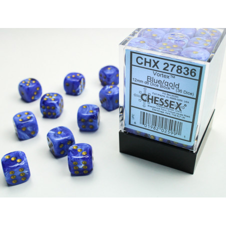 Vortex Blue/gold 12mm d6 Dice Block (36 dice)