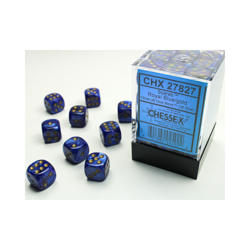 Scarab Royal Blue/gold 12mm d6 Dice Block (36 dice)