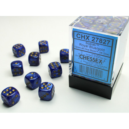 Scarab Royal Blue/gold 12mm d6 Dice Block (36 dice)