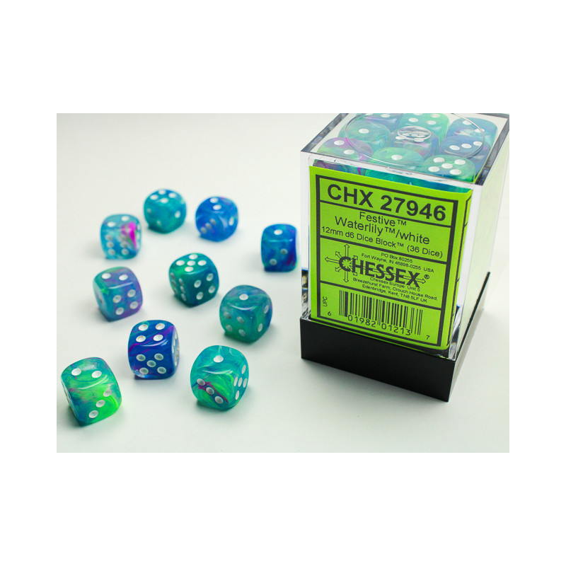 Festive Waterlily/white 12mm d6 Dice Block (36 dice)