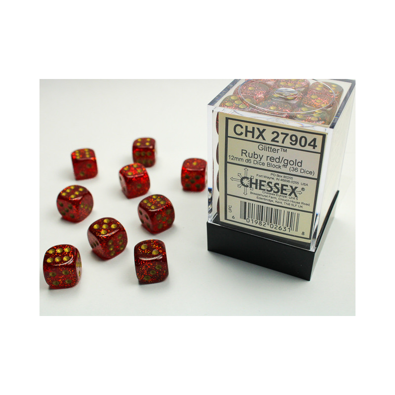 Glitter Ruby/gold 12mm d6 Dice Block (36 dice)