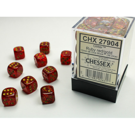 Glitter Ruby/gold 12mm d6 Dice Block (36 dice)