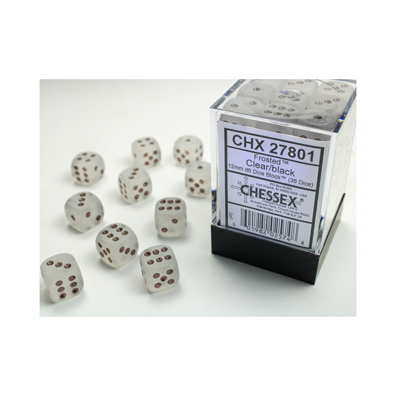 Frosted Clear/black 12mm d6 Dice Block (36 dice)