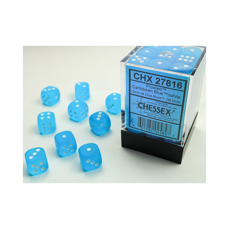 Frosted Caribbean Blue/white 12mm d6 Dice Block (36 dice)