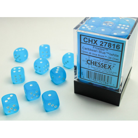 Frosted Caribbean Blue/white 12mm d6 Dice Block (36 dice)