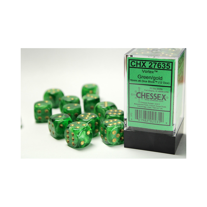 Vortex Green/gold 16mm d6 Dice Block (12 dice)