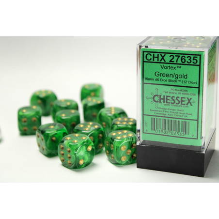 Vortex Green/gold 16mm d6 Dice Block (12 dice)