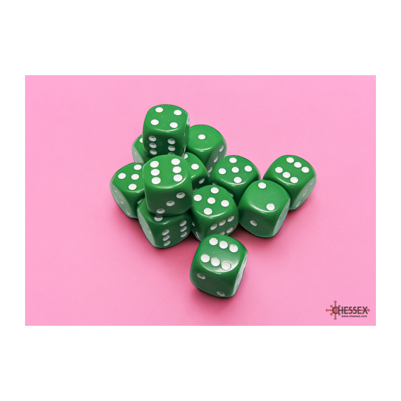 Opaque Green/white 16mm d6 Dice Block (12 dice)