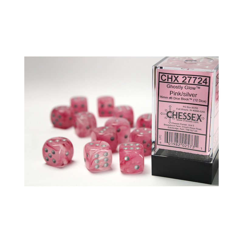 Ghostly Glow Pink/silver 16mm d6 Dice Block (12 dice)