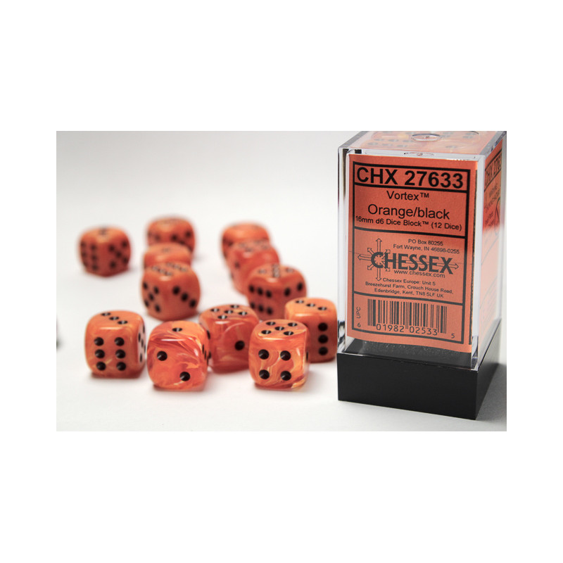 Vortex Orange/black 16mm d6 Dice Block (12 dice)