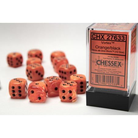 Vortex Orange/black 16mm d6 Dice Block (12 dice)