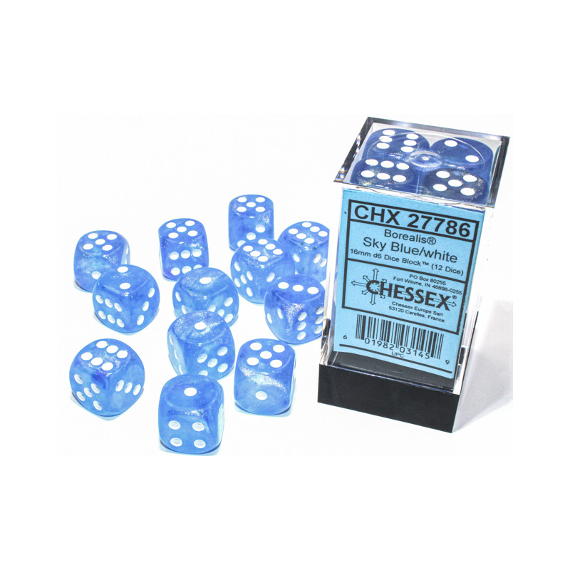 Borealis Sky Blue/white Luminary 16mm d6 Dice Block (12 dice)