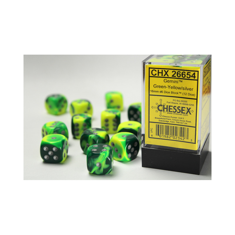 Gemini Green-yellow/silver 16mm d6 Dice Block (12 dice)