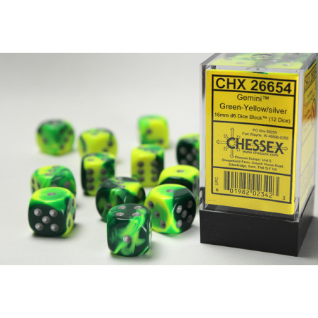 Gemini Green-yellow/silver 16mm d6 Dice Block (12 dice)