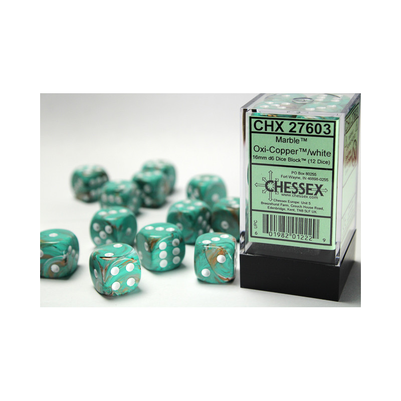 Marble Oxi-Copper/white 16mm d6 Dice Block (12 dice)