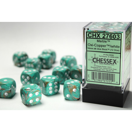 Marble Oxi-Copper/white 16mm d6 Dice Block (12 dice)