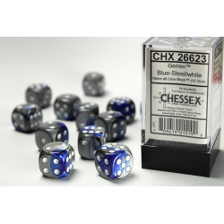 Gemini Blue-Steel/white 16mm d6 Dice Block (12 dice)