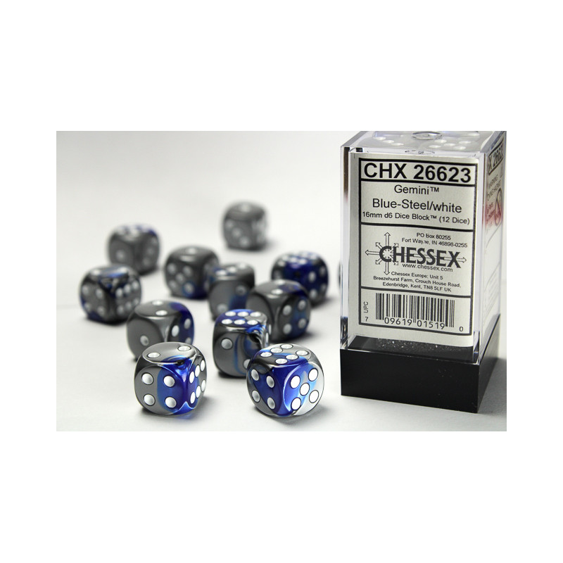 Gemini Blue-Steel/white 16mm d6 Dice Block (12 dice)