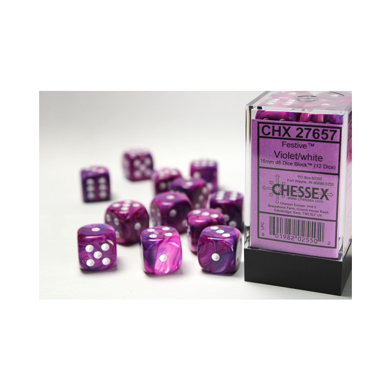 Festive Violet/white 16mm d6 Dice Block (12 dice)