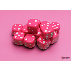 Opaque Pink/white 16mm d6 Dice Block (12 dice)
