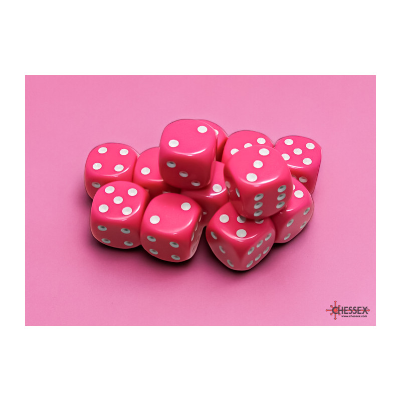 Opaque Pink/white 16mm d6 Dice Block (12 dice)