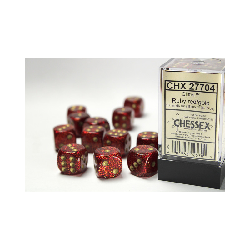 Glitter Ruby/gold 16mm d6 Dice Block (12 dice)