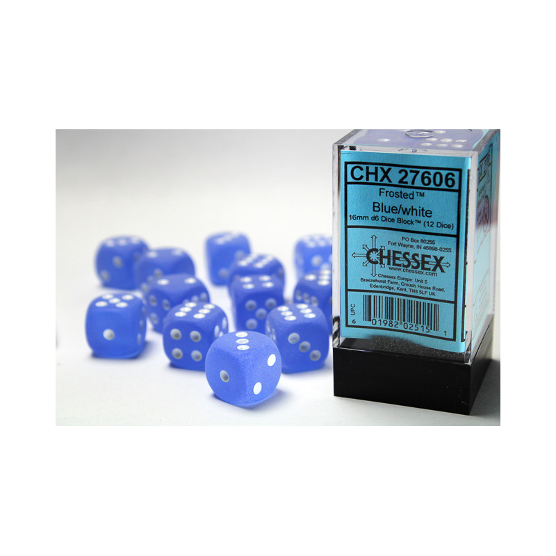 Frosted Blue/white 16mm d6 Dice Block (12 dice)