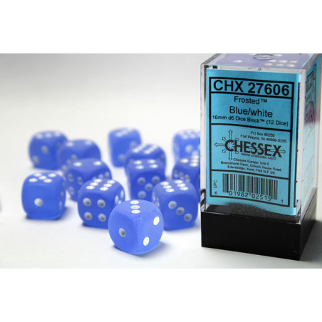 Frosted Blue/white 16mm d6 Dice Block (12 dice)