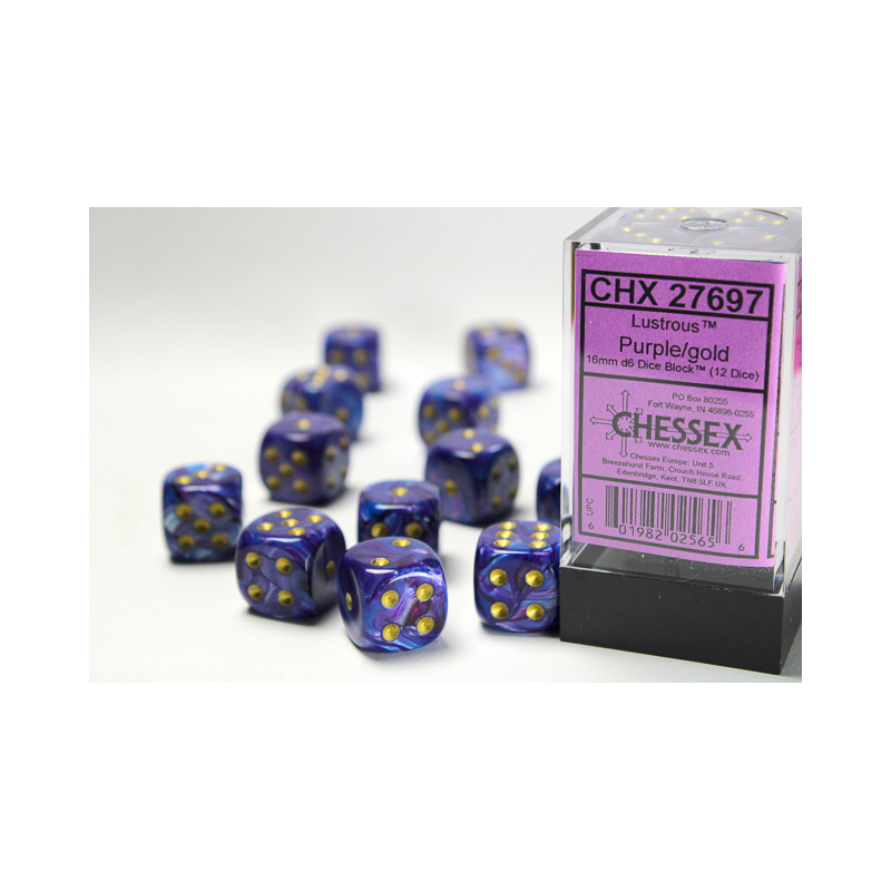 Lustrous Purple/gold 16mm d6 Dice Block (12 dice)