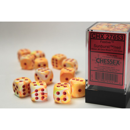 Festive Sunburst w/red 16mm d6 Dice Block (12 dice)