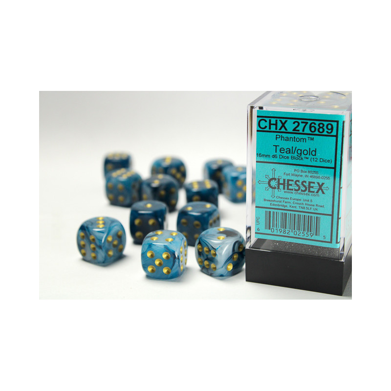 Phantom Teal/gold 16mm d6 Dice Block (12 dice)